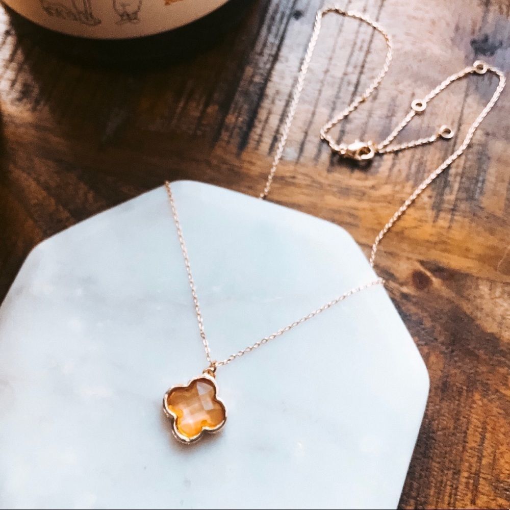 Peach Gold Necklace Dainty Faceted Clover Pendant Statement Boho Floral Layer